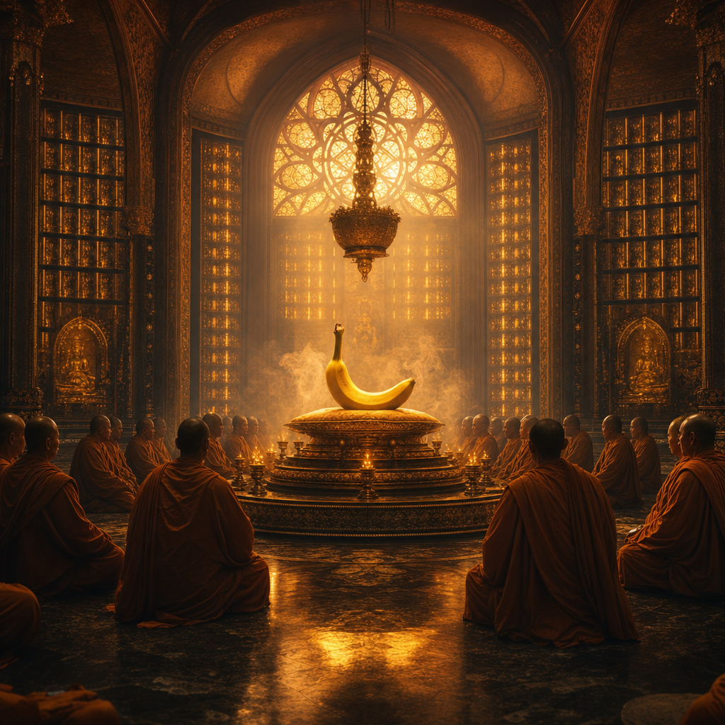 Sous le voile doré, un humble bananier trône, méditant la sagesse cachée des douceurs éphémères au cœur du silence sacré.