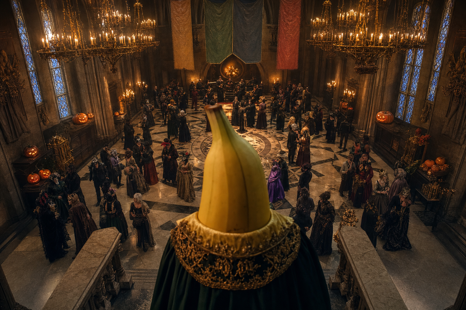 Au bal des énigmes, un roi-banane surveille, tandis que citrouilles rieuses illuminent le mystère d’une nuit où masques dansent l’inattendu.