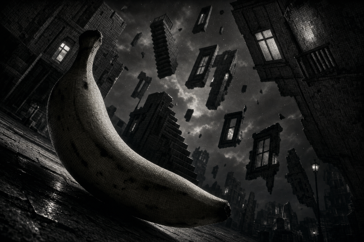 Une banane géante veille dans la nuit tandis que les fenêtres dérivent, suspendues au souffle d’un rêve déroutant et sans gravité.