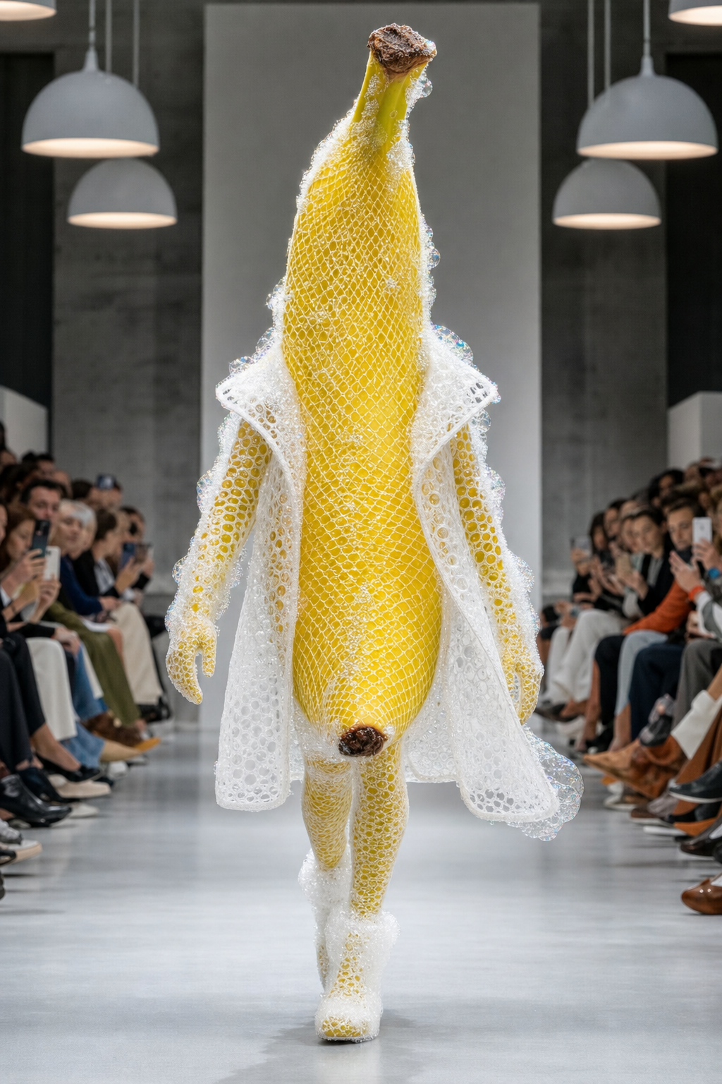 Sous les projecteurs, une banane se déguise en reine des bulles, défiant la gravité avec éclat et folie sucrée.