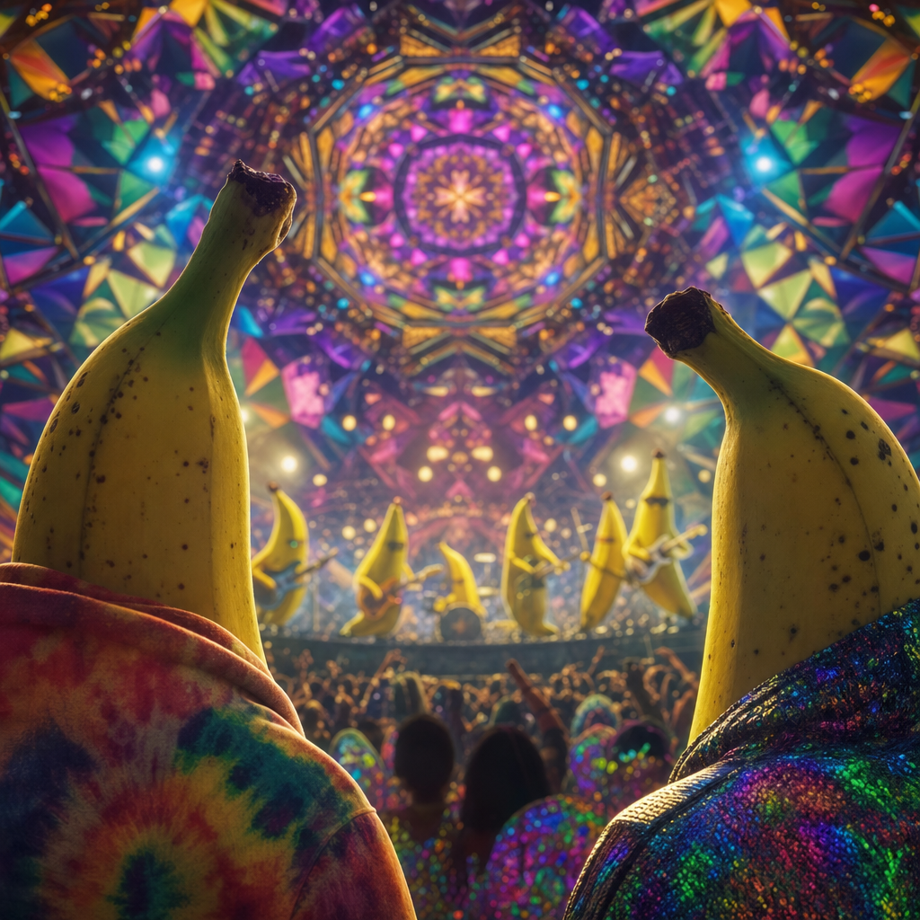 Sous un ciel kaléidoscopique, la symphonie des bananes en fête déploie ses notes sucrées, enivrantes, bananes qui dansent et enchantent l’âme.