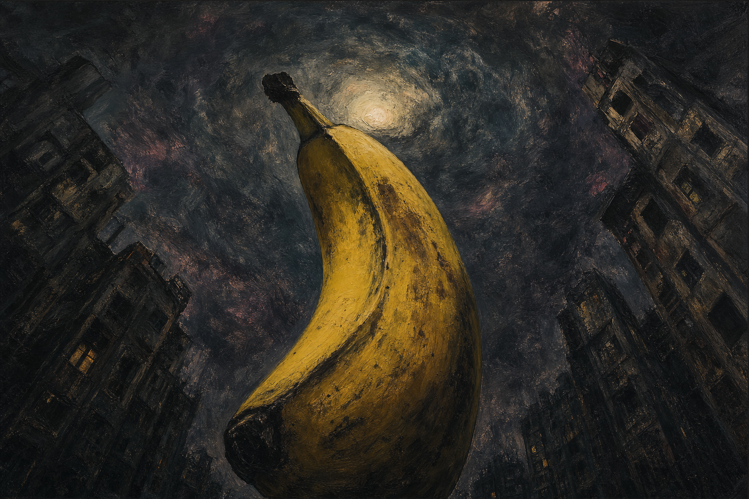 Sous une lune tourmentée, la banane géante règne, souveraine insolite d’une jungle urbaine aux ombres mystérieuses et aux secrets mûrs.