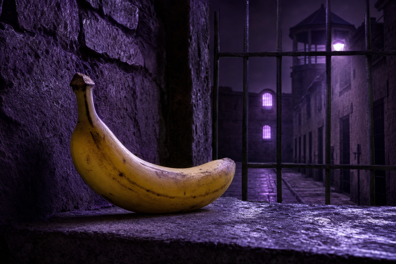 Une banane en exil, rêveur interdit, scrutant derrière les barreaux d’ombre une nuit violette pleine de secrets enfouis.