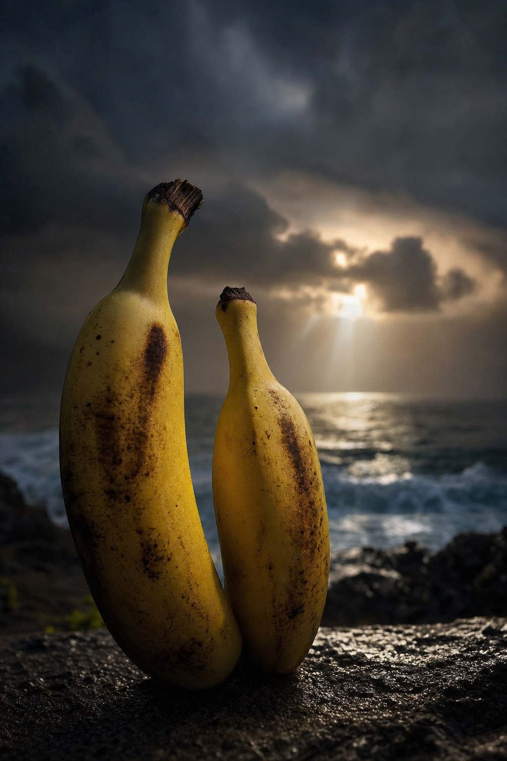 Deux âmes jaunes, veillées par l'océan, murmurent des secrets sucrés sous un ciel lourd de mystère et de lumière fragile.
