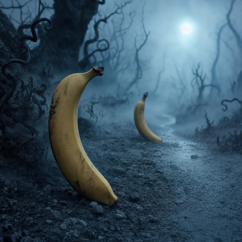 Sous la lune spectrale, deux bananes errent, solitaires sentinelles d’un monde où fruits et ombres dansent en silence.