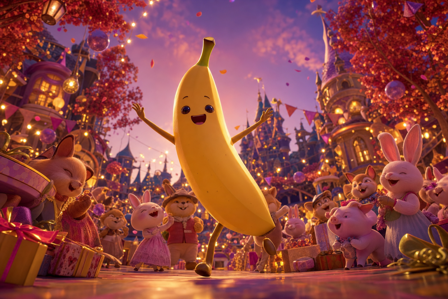 Sous un ciel violet enchanté, la banane danse, reine joyeuse d’un bal où lapins, chats et cochons chantent la magie de l’amitié.
