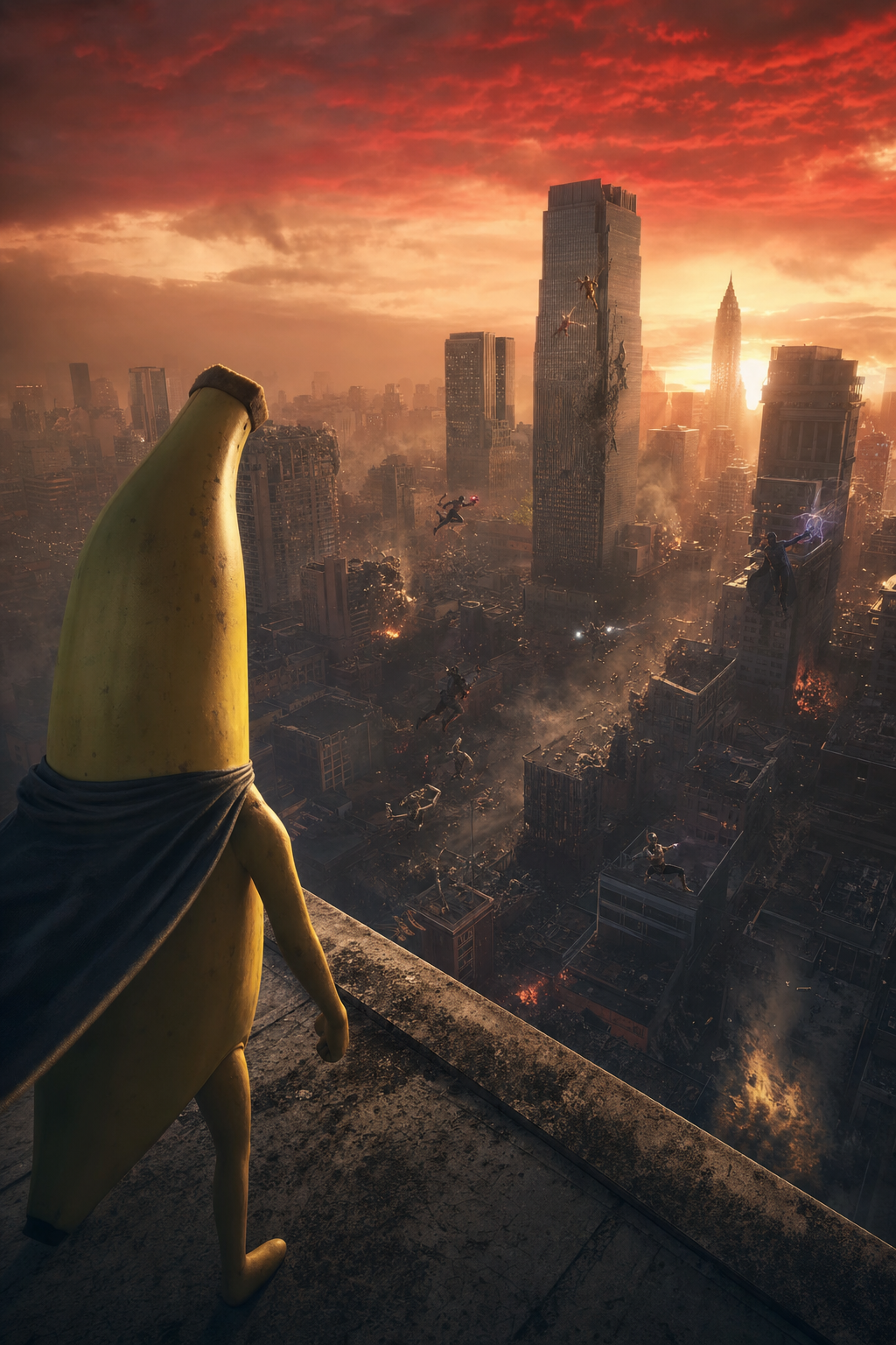 Quand la banane cape le crépuscule, les cités vibrent sous la danse flamboyante des géants, festin d'éclairs et d'ombres en fusion.