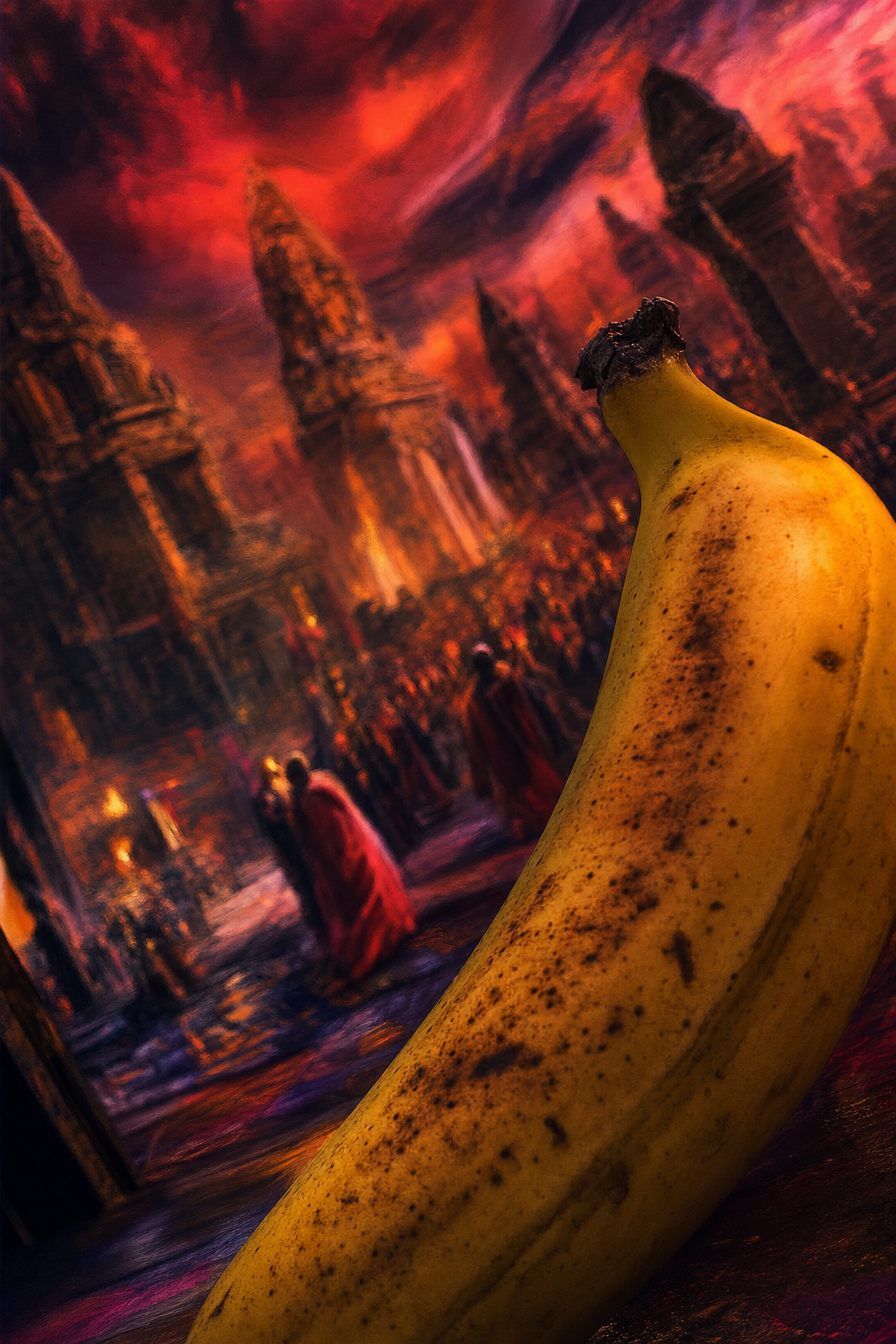 Sous un ciel enflammé, la banane se dresse, phare doré dans une cité mystérieuse où le temps danse au rythme des ombres rouges.