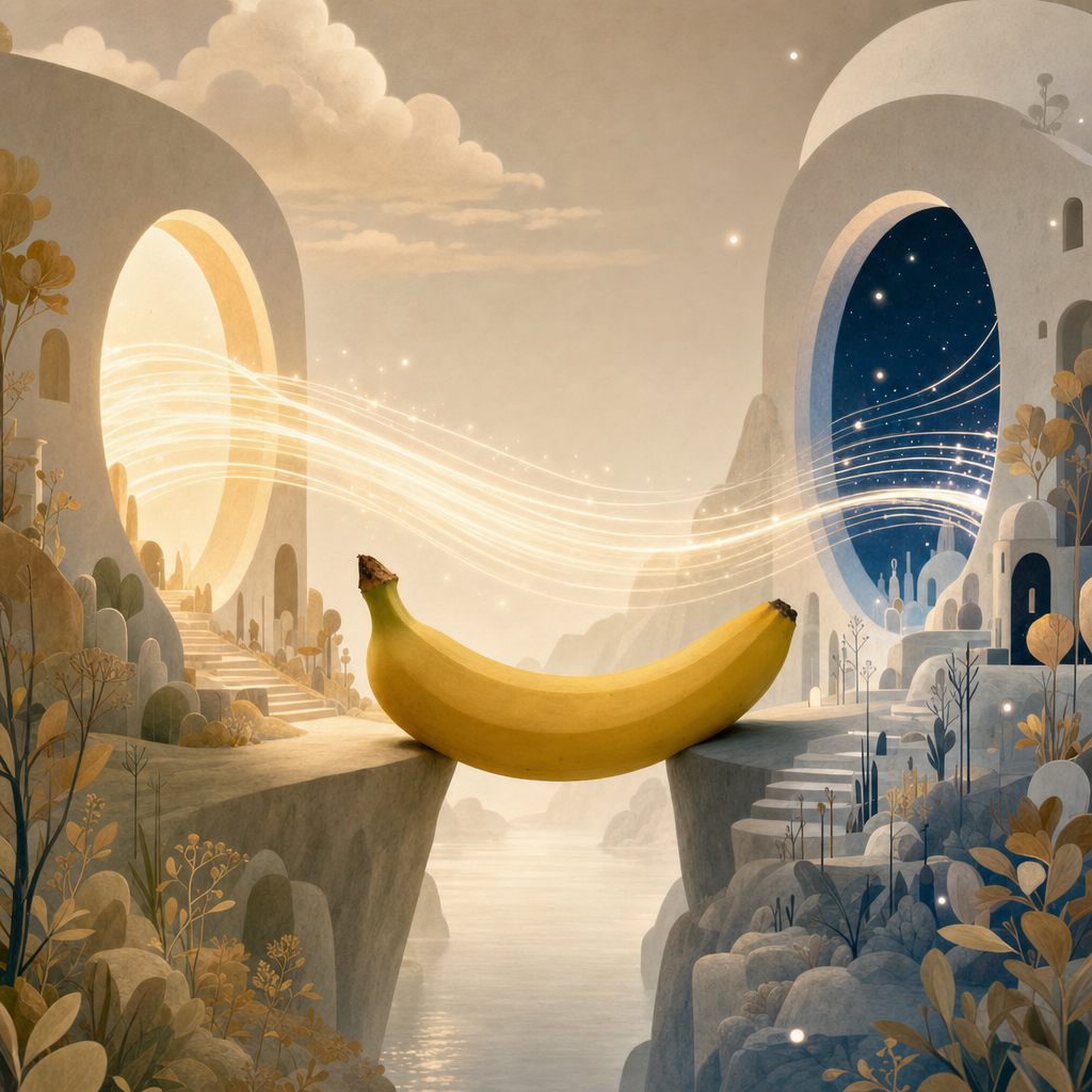Entre le jour et la nuit, une banane suspendue unit deux mondes, murmure douce magie et invite à rêver l’impossible.