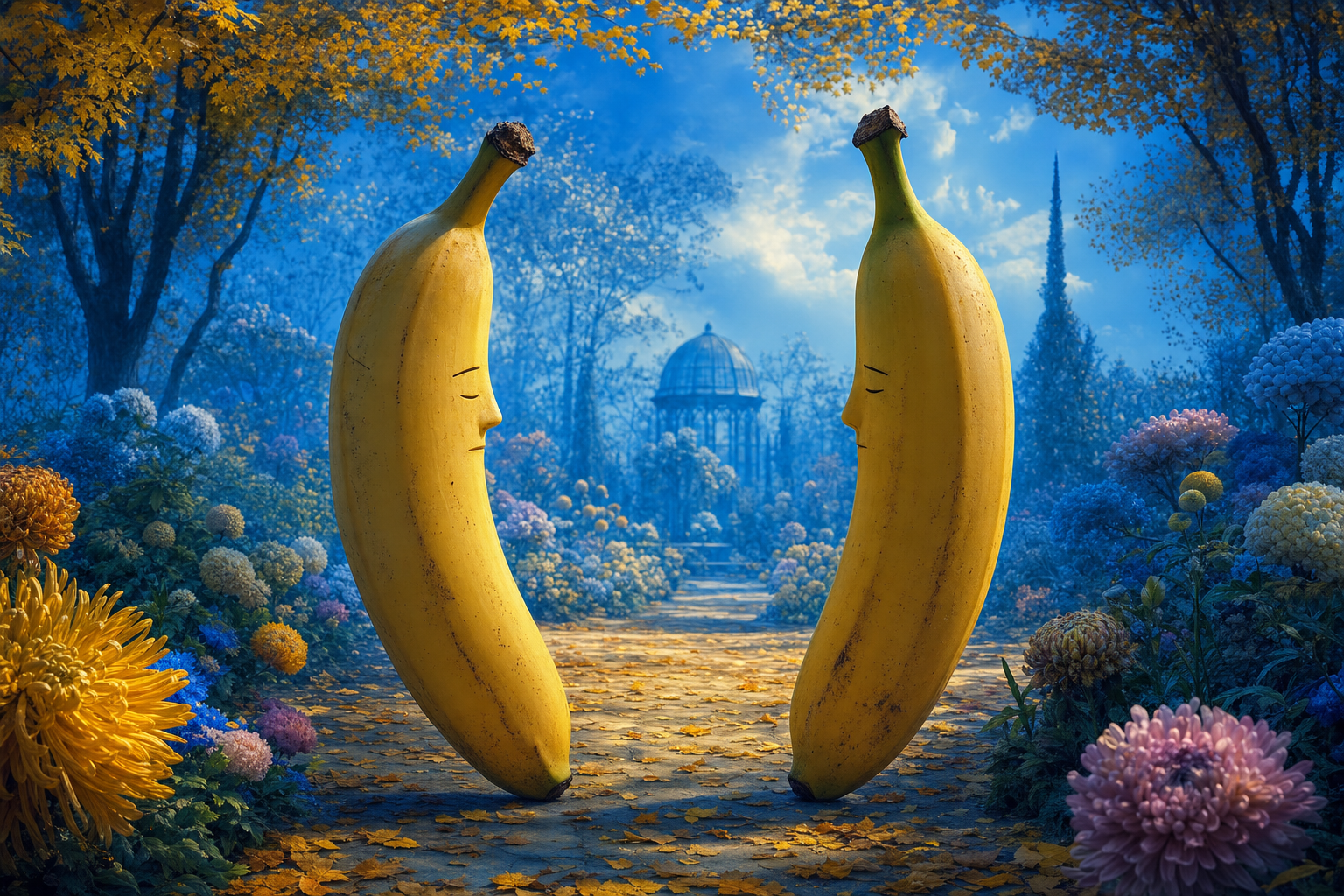 Deux âmes bananières se murmurent des secrets sous un ciel d'automne, dans un jardin où fleurissent les rêves oubliés.