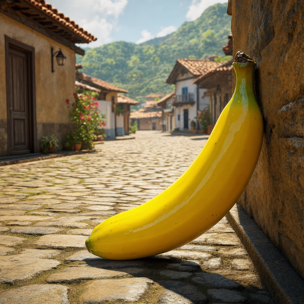 Une banane géante flâne, rêve d’évasion sous le soleil d’un village où même les fruits osent défier les lois de la gravité.