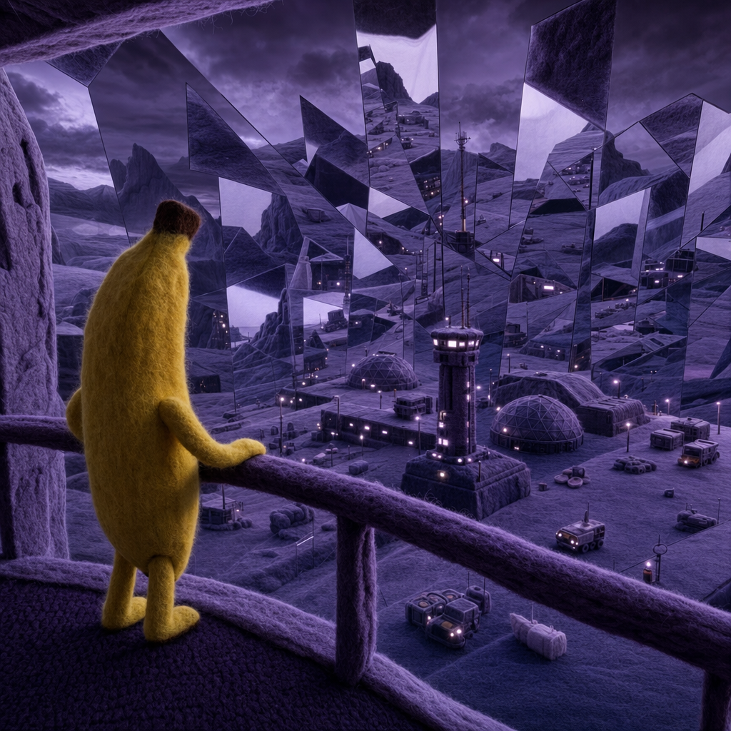 Un banane rêveur contemple une cité miroir, où chaque reflet tisse un labyrinthe d’étoiles silencieuses sous un ciel violet.