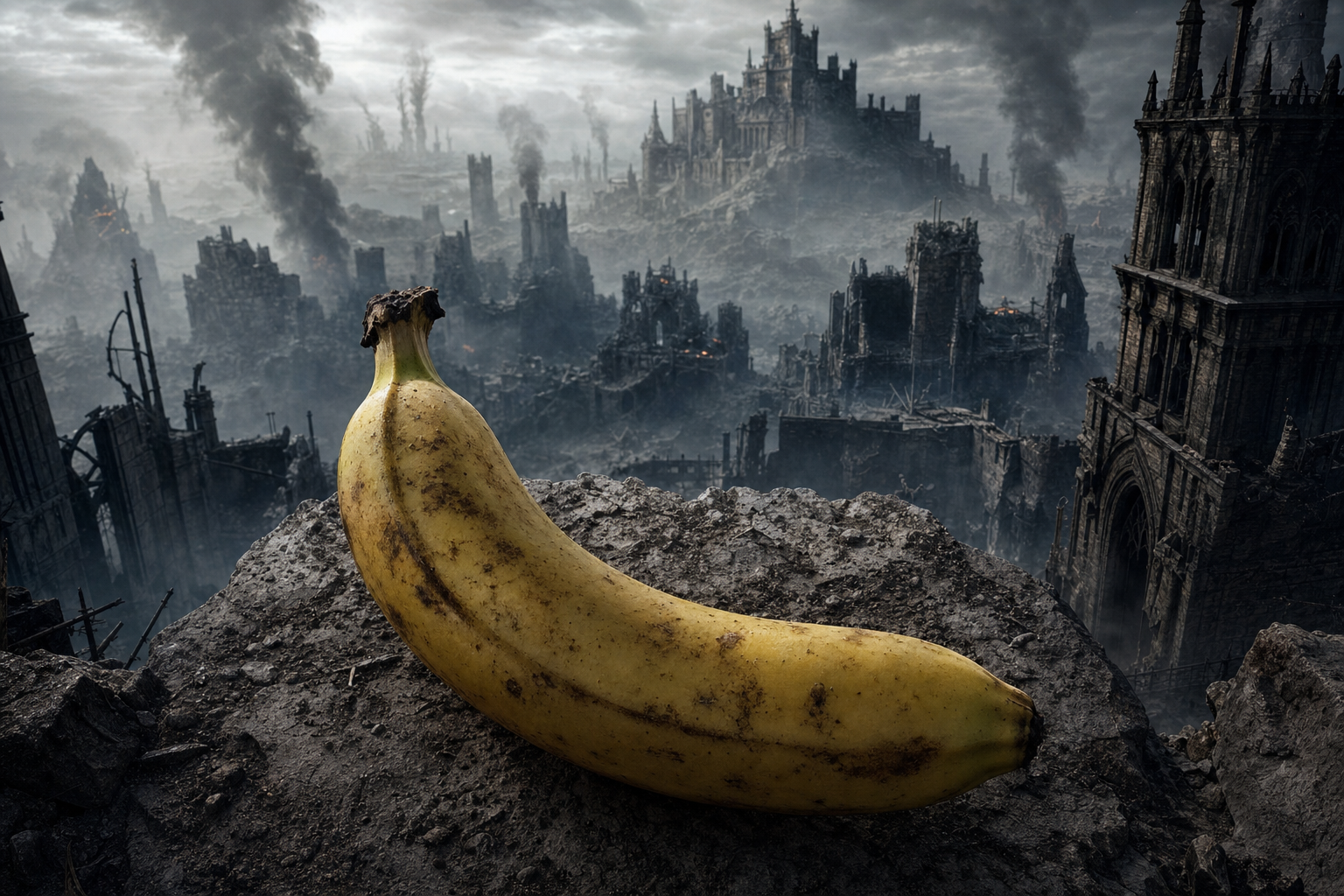 Dans un château en ruines, la banane solitaire veille, ultime témoin doux-amer d’un monde en cendres et fumée.