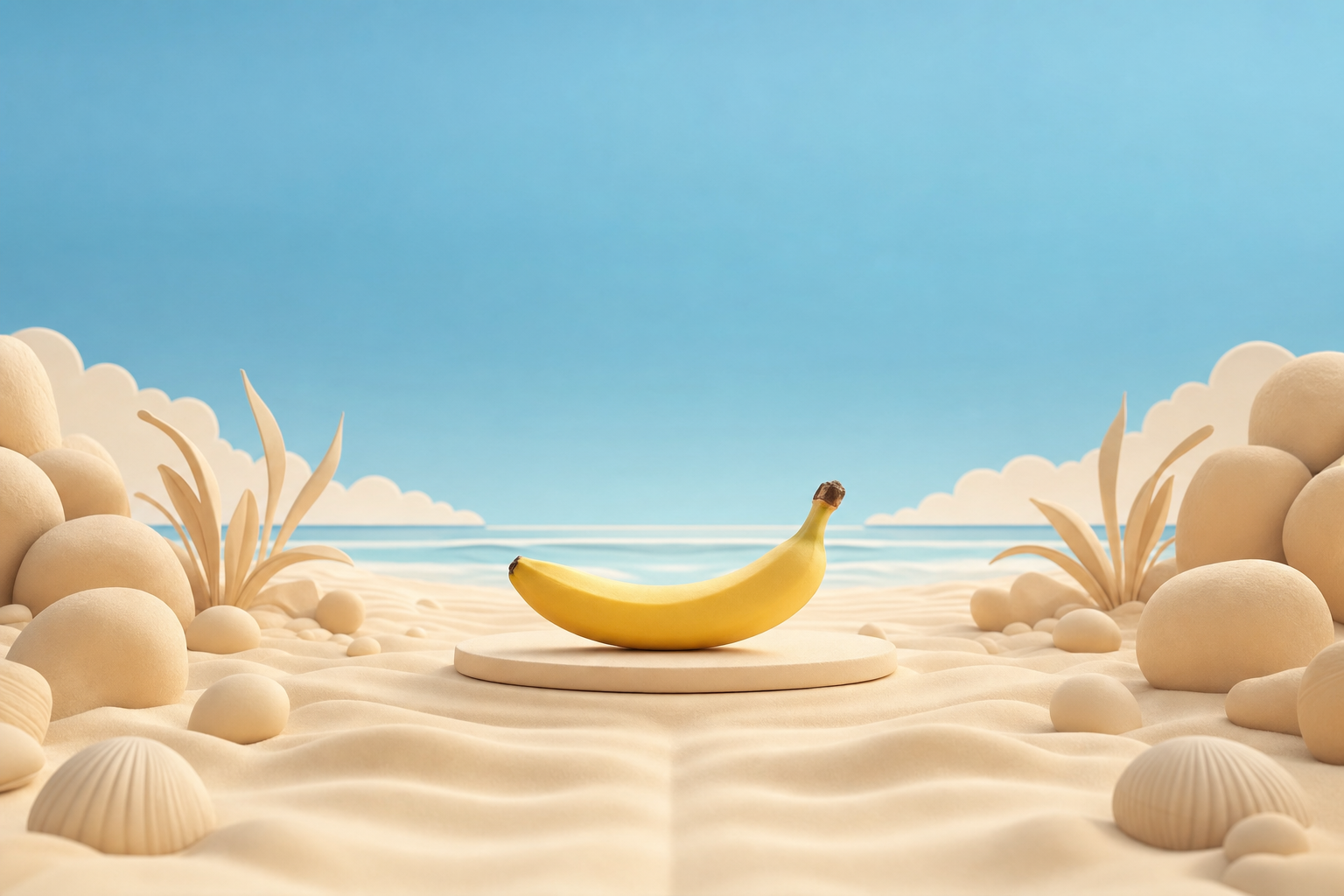 Une banane, souveraine d’un désert de sable doux, orchestre le calme avant l’averse de rêves et d’émotions acidulées.