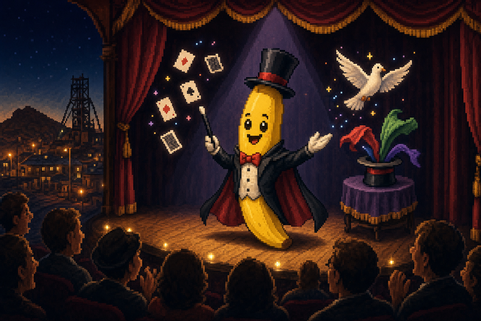 Sous les projecteurs d’un rêve pixelisé, une banane en smoking fait danser les étoiles et les cartes dans un ballet enchanté.