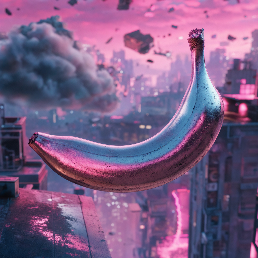 Une banane cosmique, miroitante sous un ciel rose fluo, plane entre rêves urbains et nuages rebelles en apesanteur.
