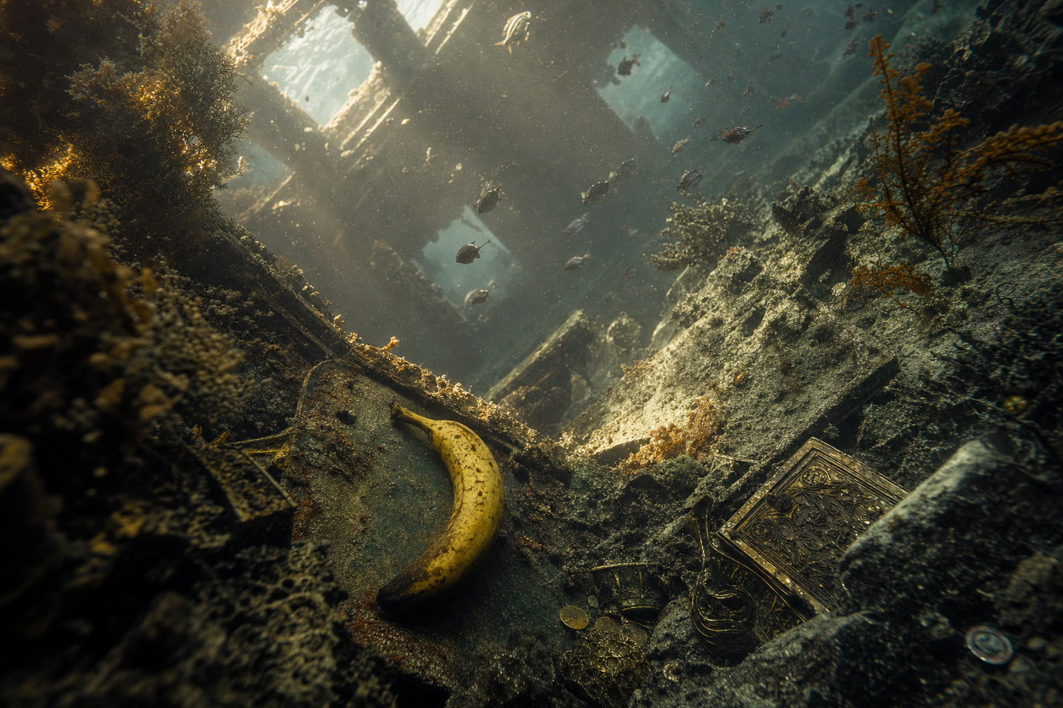 Une banane oubliée danse parmi les trésors engloutis, sous la lumière timide où poissons et secrets murmurent à l’éternité salée.