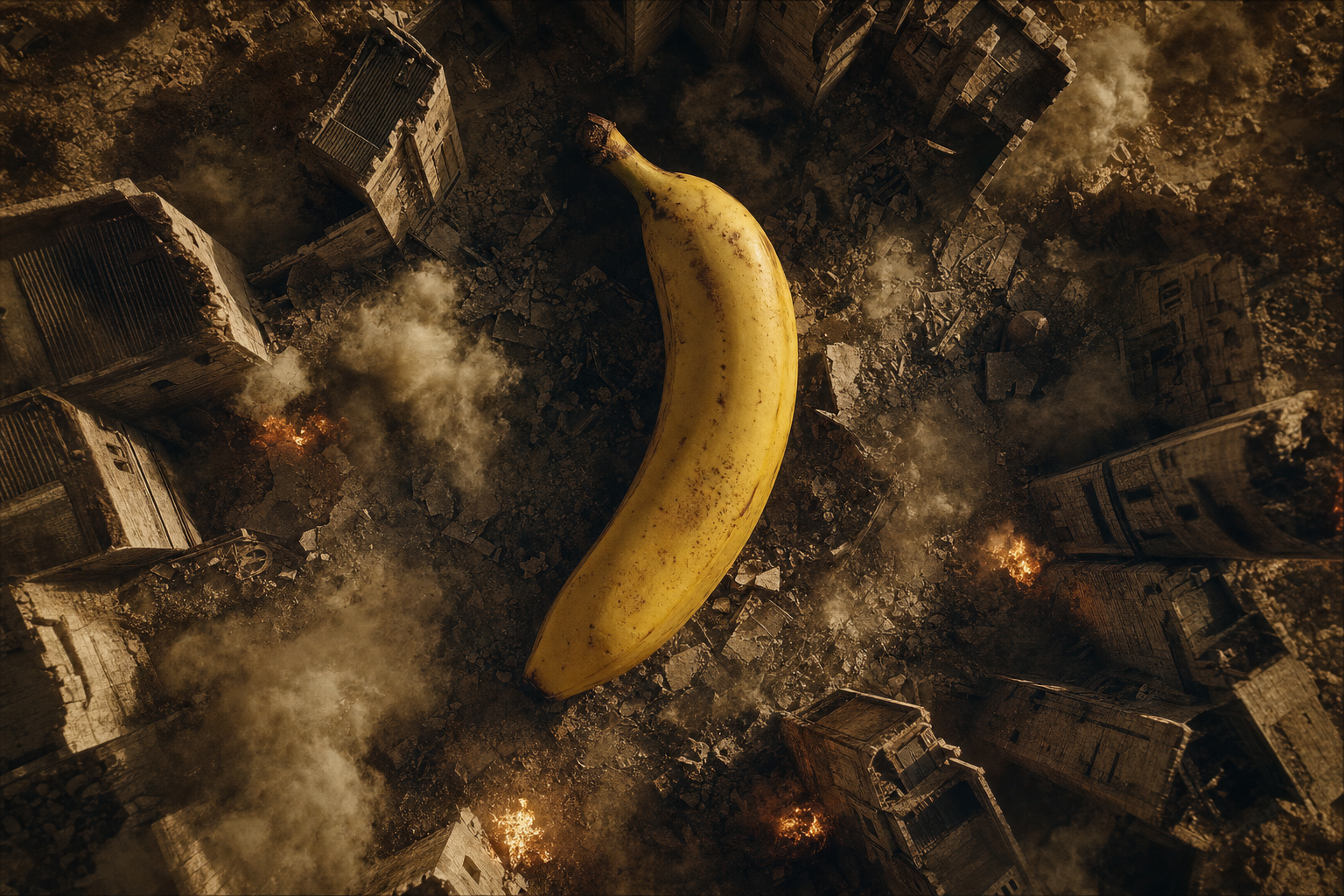Un géant jaune repose, paisible, au milieu d’un chaos de ruines fumantes, mystère fruité d’un monde qui s’effondre en silence.