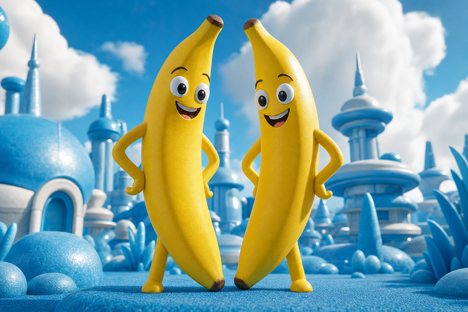 Deux bananes dansent sous un ciel sucré, éclatant de joie comme des soleils jaunes dans un monde de rêves bleus.