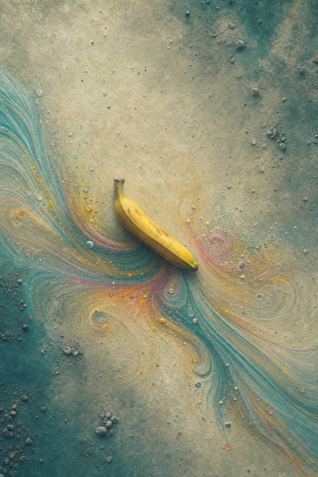 Une banane cosmique glisse sur un fleuve d’étoiles, semant des rêves colorés dans un océan de poussière enchantée.