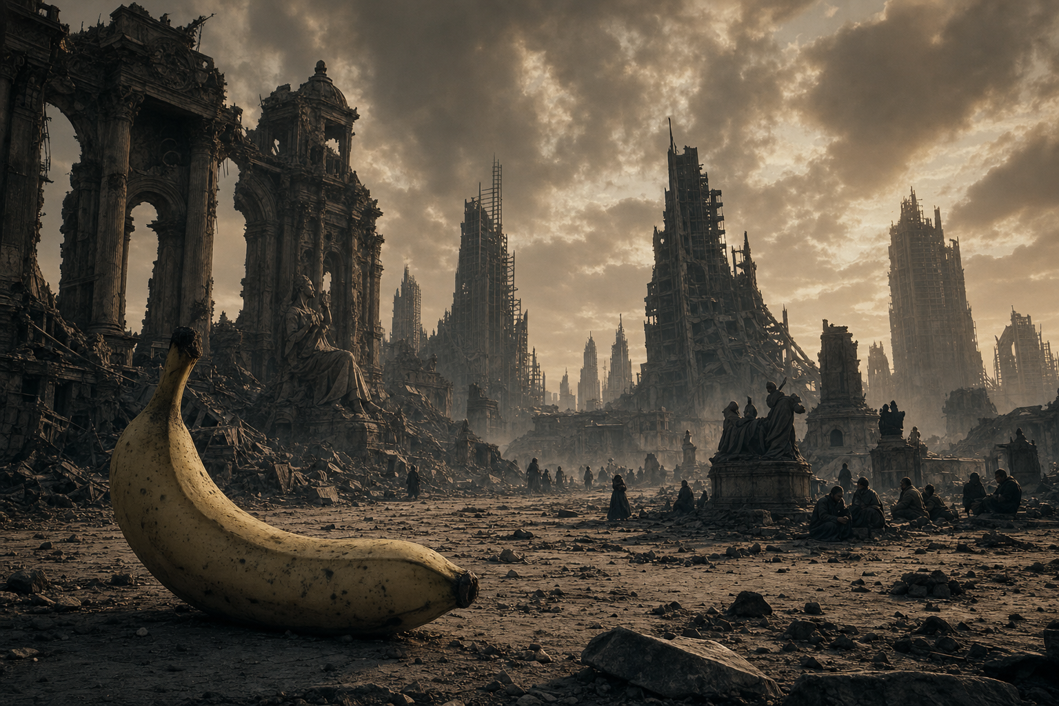 Au milieu des vestiges d’un monde oublié, une banane géante médite sur le sens de l’existence... égarée dans un désert de pierres et de silence.