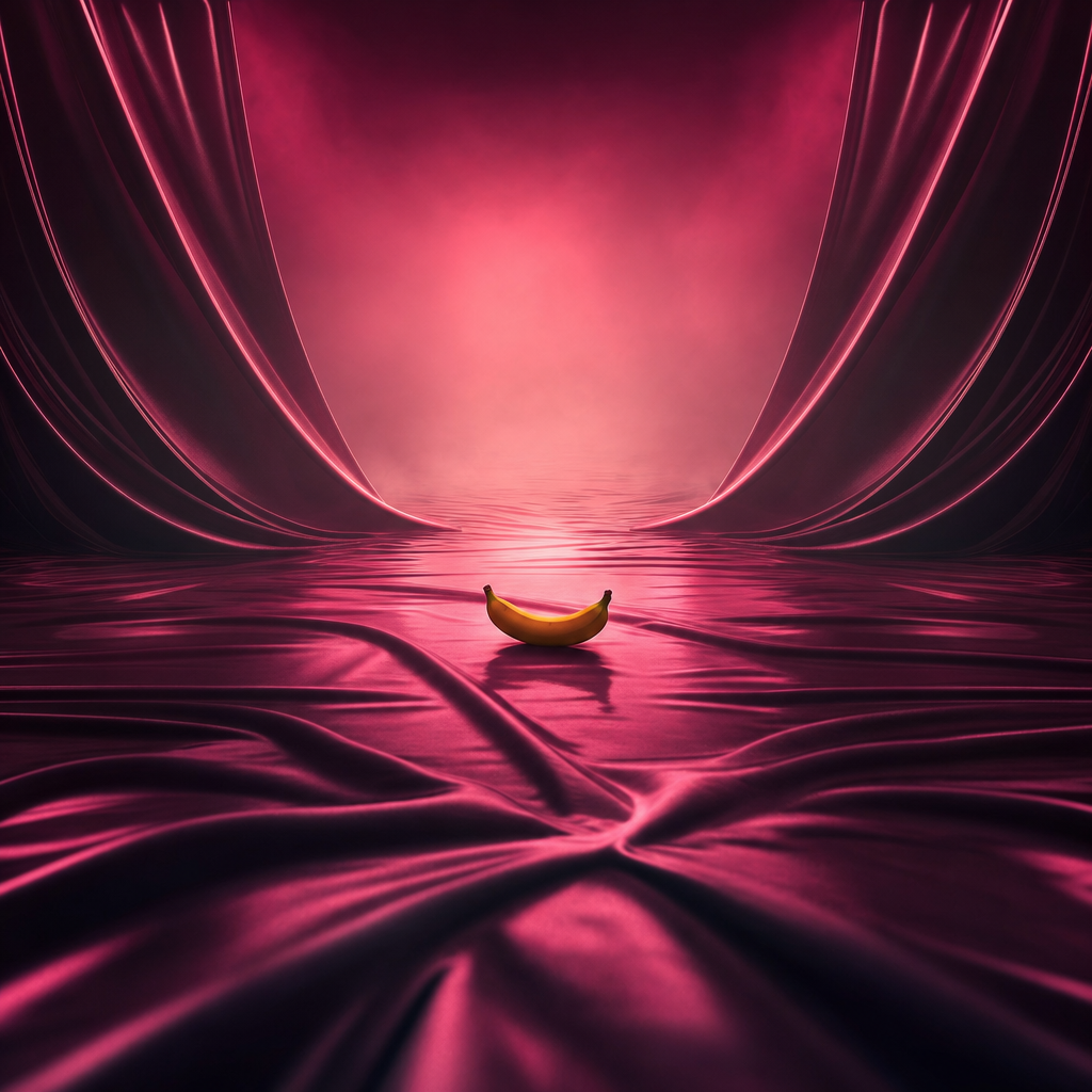 Sous un ciel de velours pourpre, une banane solitaire songe à ses rêves trop mûris, bercée par le silence des drapés lumineux.