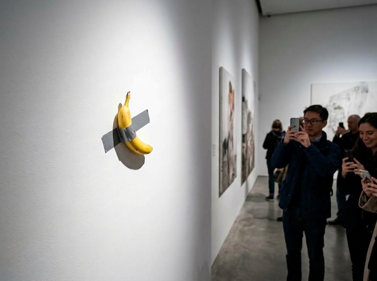 Banane scotchee sur un mur de musee art contemporain