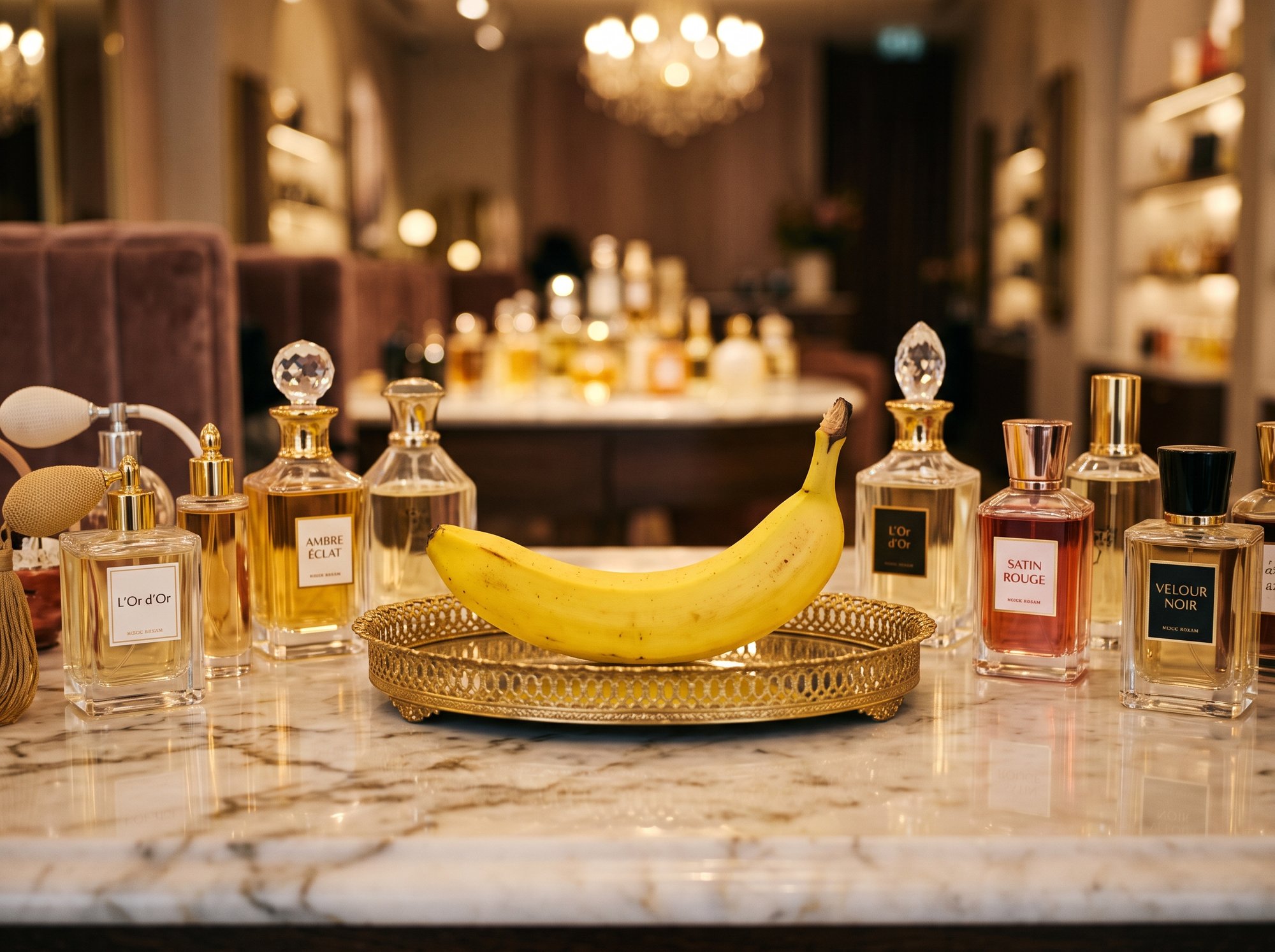 Une banane sur un plateau dore entouree de flacons de parfum de luxe