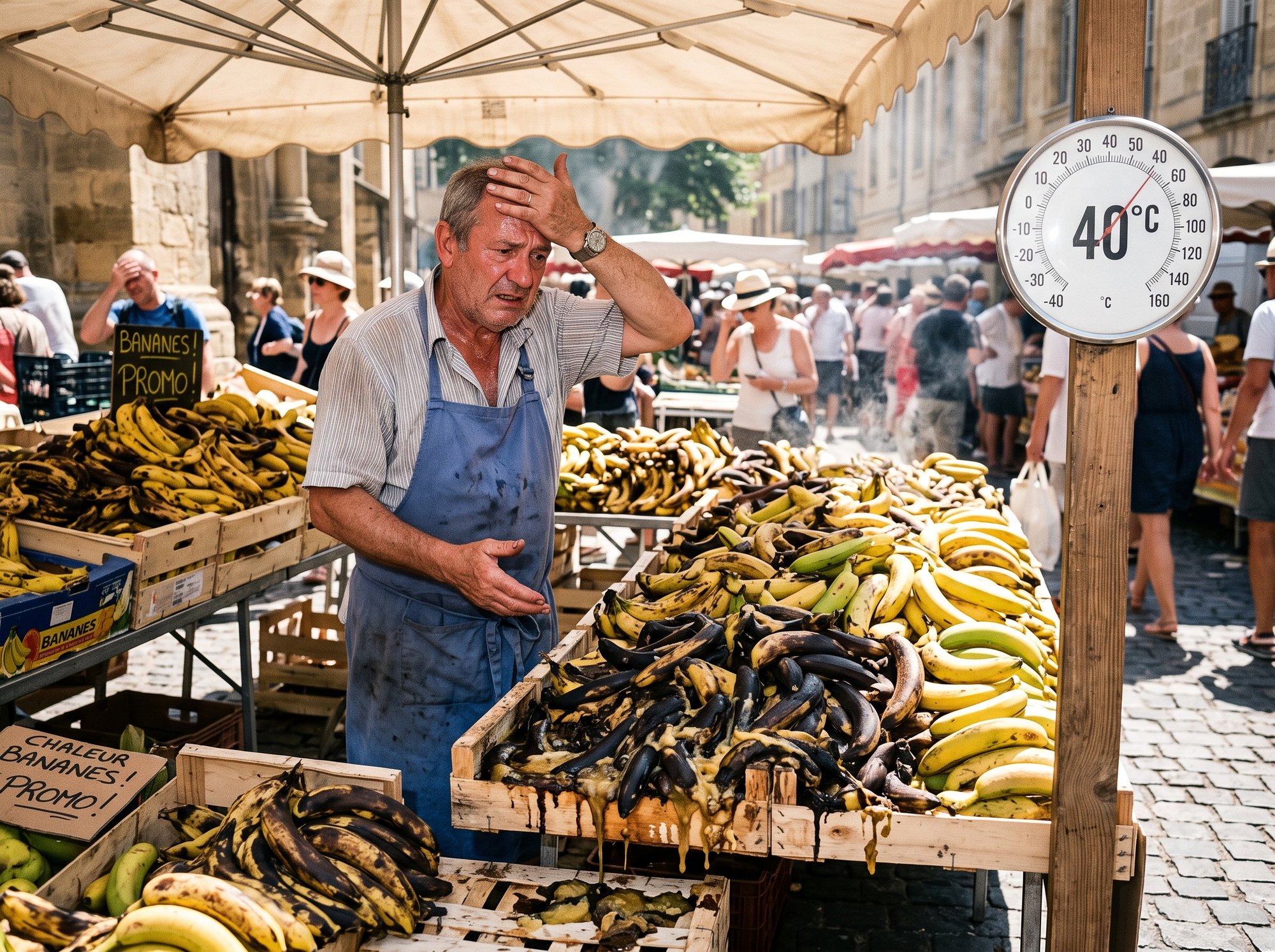 Un vendeur de bananes désemparé devant ses bananes fondues à 40°C sur un marché français