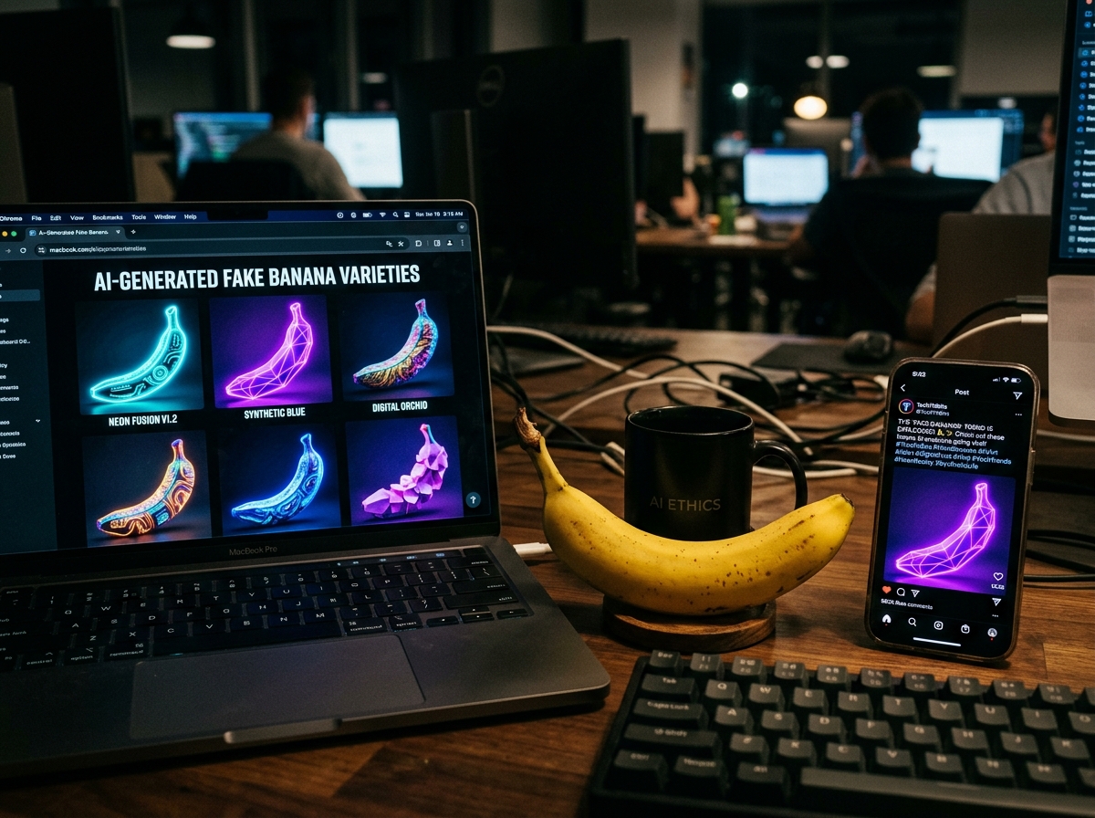 Banane sur un bureau a cote d un ecran montrant des bananes generees par IA