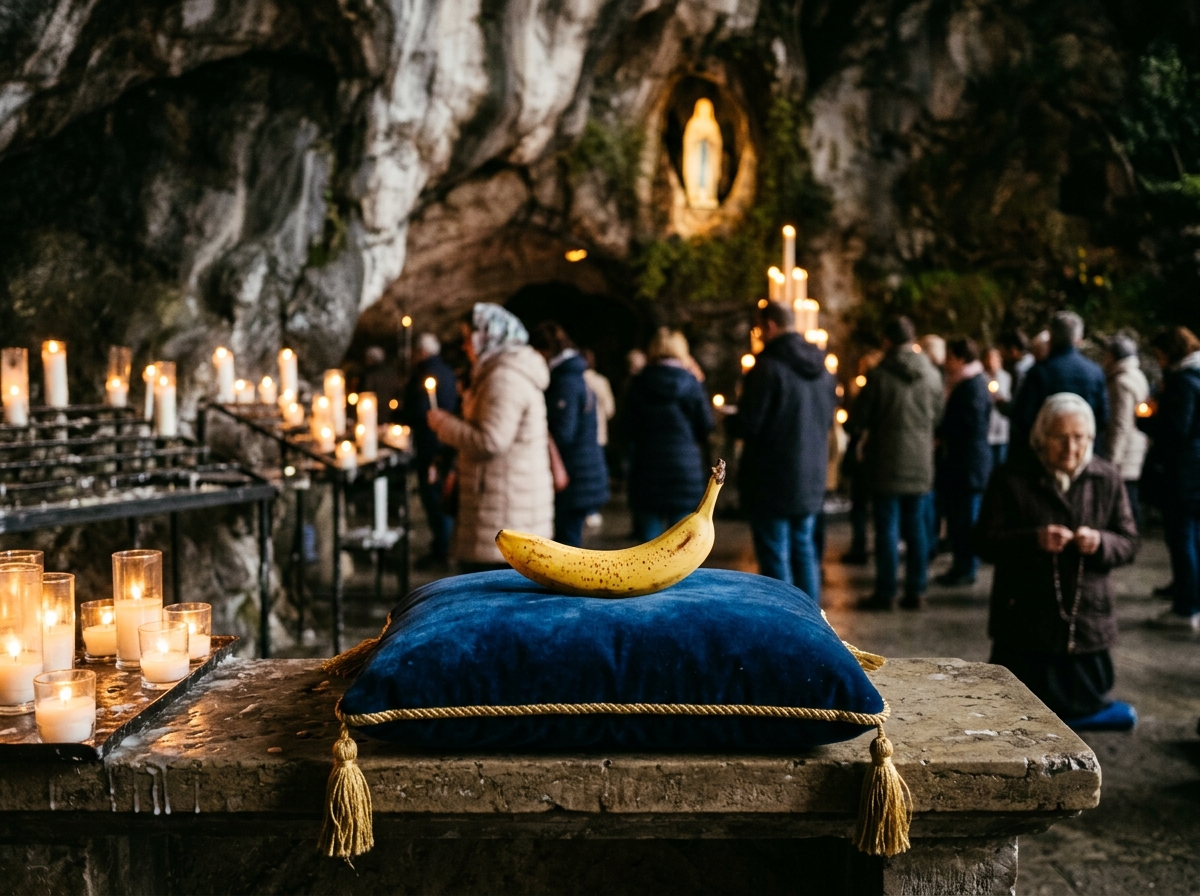 Une banane sur un coussin bleu dans la Grotte de Lourdes, éclairée par des bougies avec des pèlerins en arrière-plan Une banane sur un coussin bleu dans la Grotte de Lourdes, éclairée par des bougies avec des pèlerins en arrière-plan