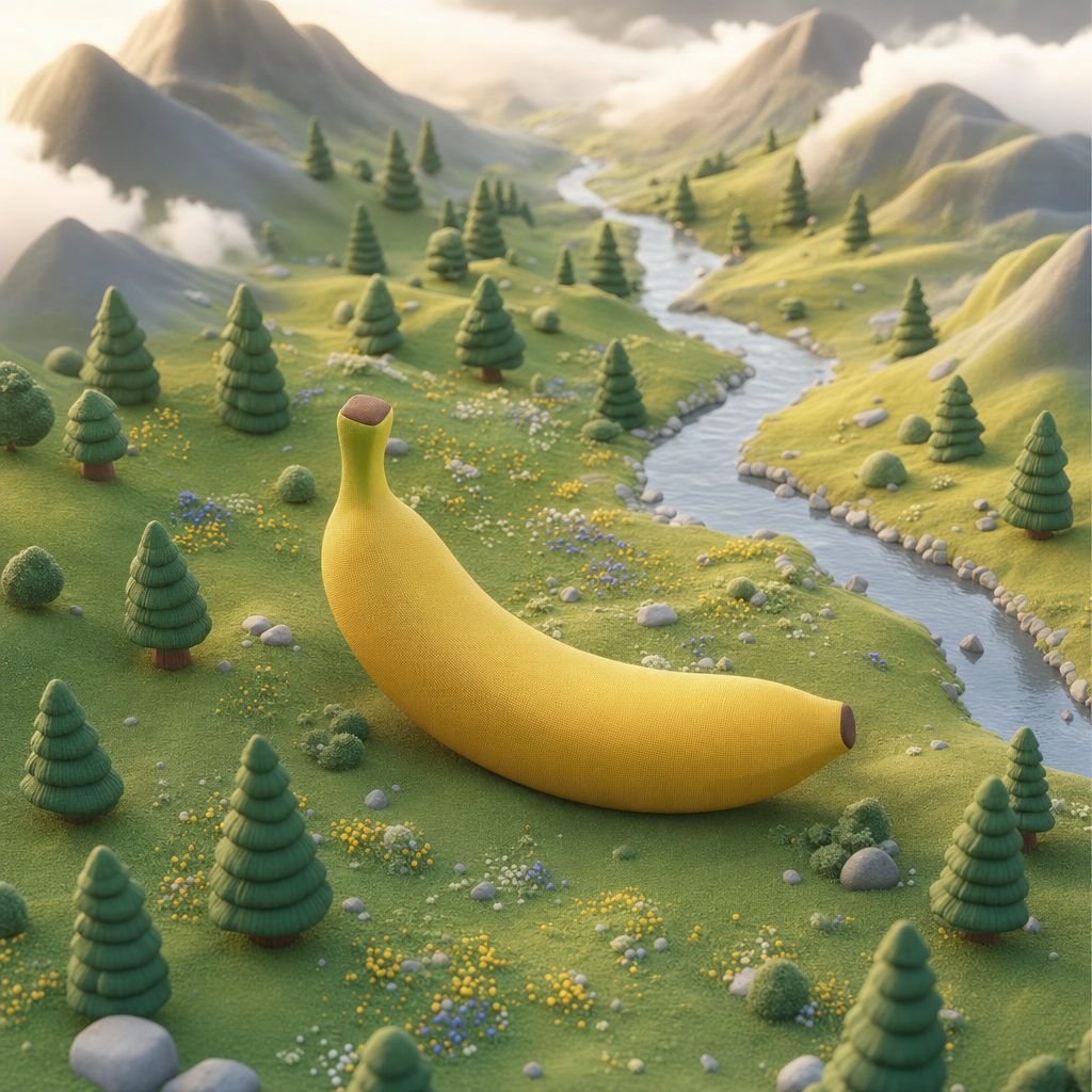 Un géant endormi dépose son fruit doré, berçant la vallée où les rivières chantent et les pins dansent sous un souffle de brume.