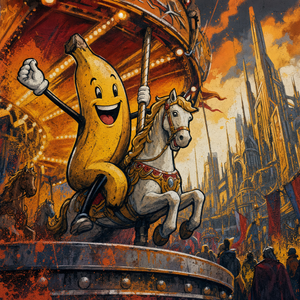 Dans un tourbillon de fer et lumières, une banane conquiert son destrier, défiant le temps et le sérieux des citadins figés.