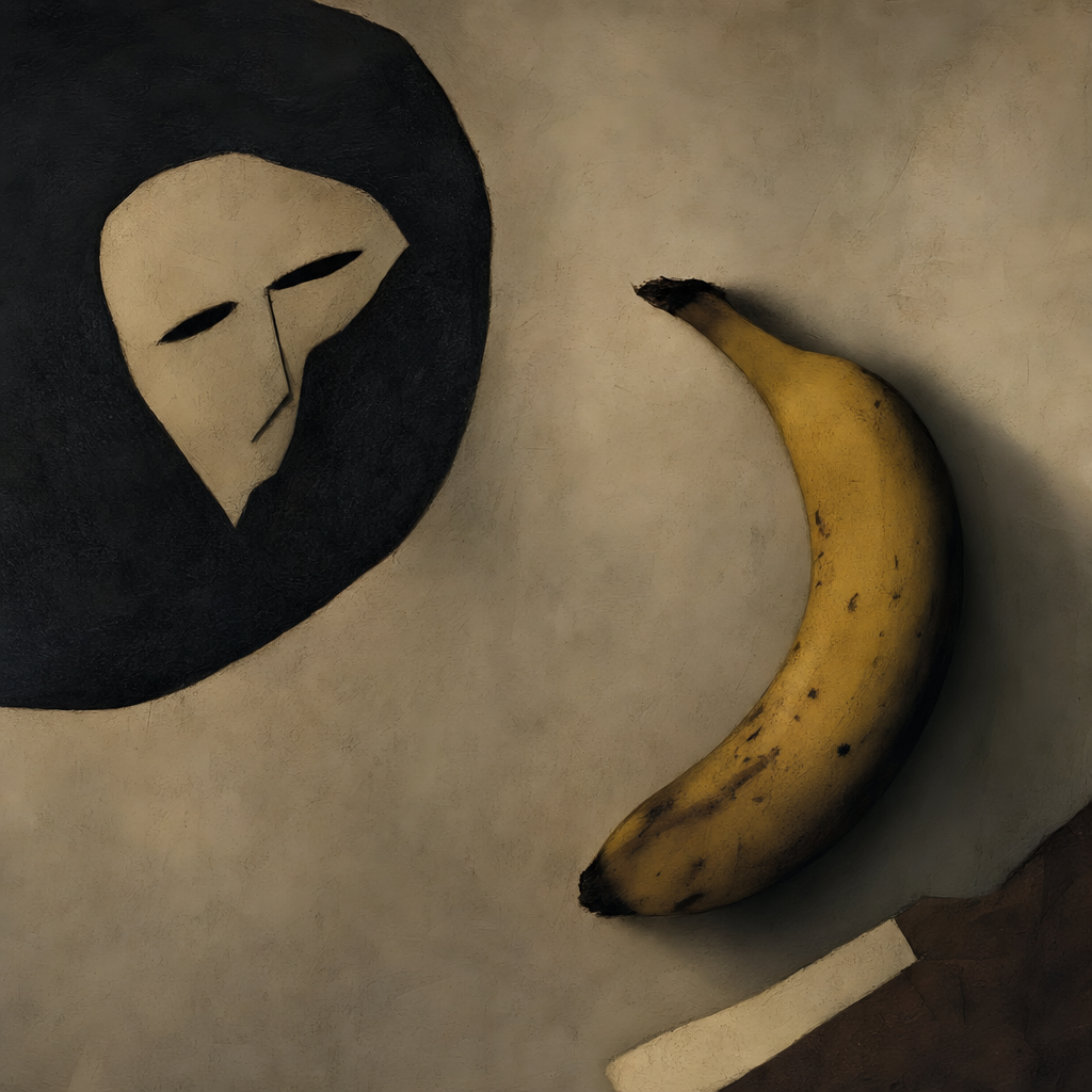 Un masque perdu rêve d’une banane, l’ombre d’un secret dialogue avec le fruit suspendu dans un silence d’éternité douce.